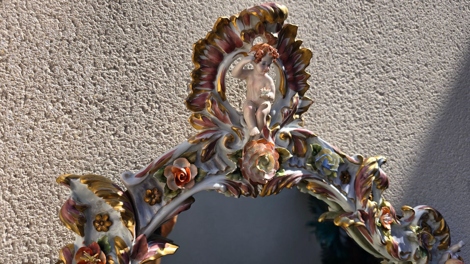 photo for sale Large Italian Capodimonte Porcelain Hollywood Regency Mirror With Cherubs