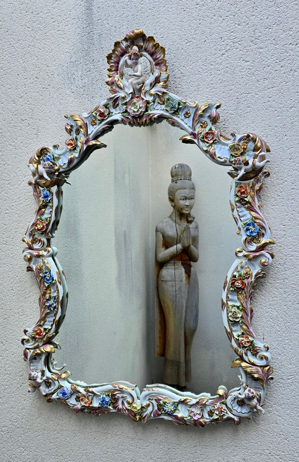 Home Decor Large Italian Capodimonte Porcelain Hollywood Regency Mirror With Cherubs photo