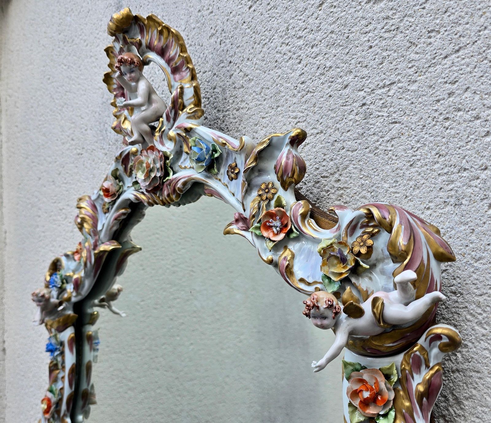 5171.0 Large Italian Capodimonte Porcelain Hollywood Regency Mirror With Cherubs photo