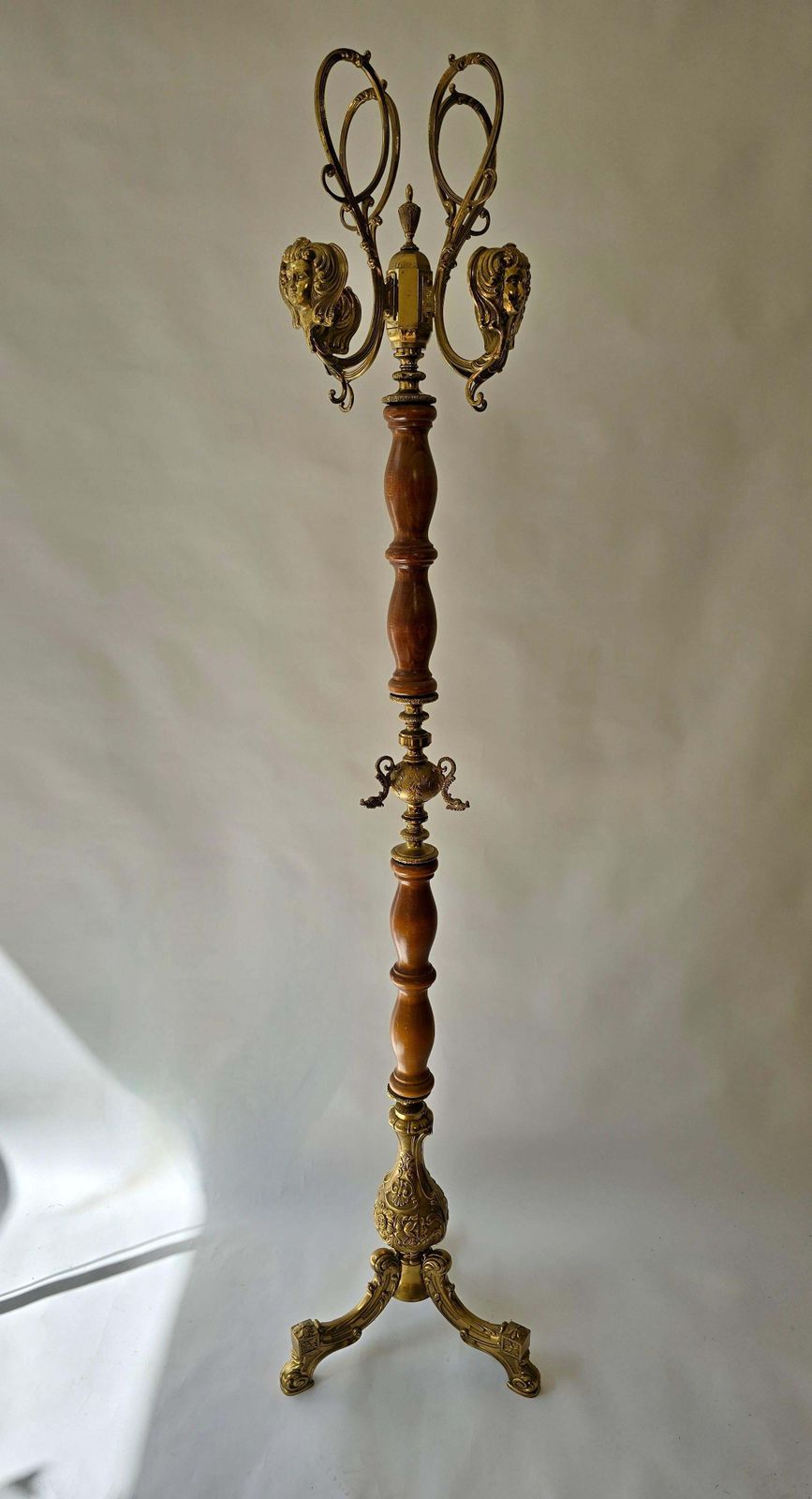 Vintage Standing Coat Rack, Wood And Gilt Brass, 1960s–1970s photo buy