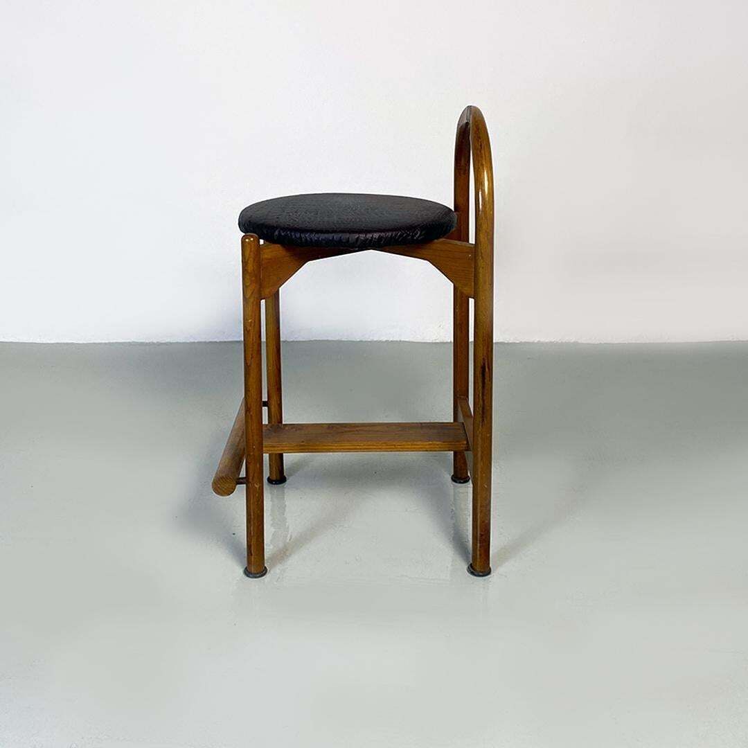 Italian Mid Century Modern Wooden Structure & Faux Leather Seat High Stool 1970s photo vintage