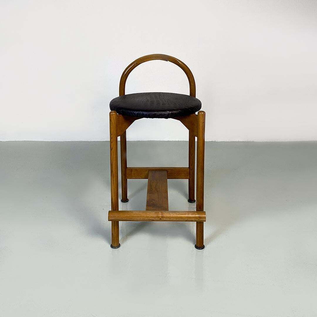 305.0 Italian Mid Century Modern Wooden Structure & Faux Leather Seat High Stool 1970s photo