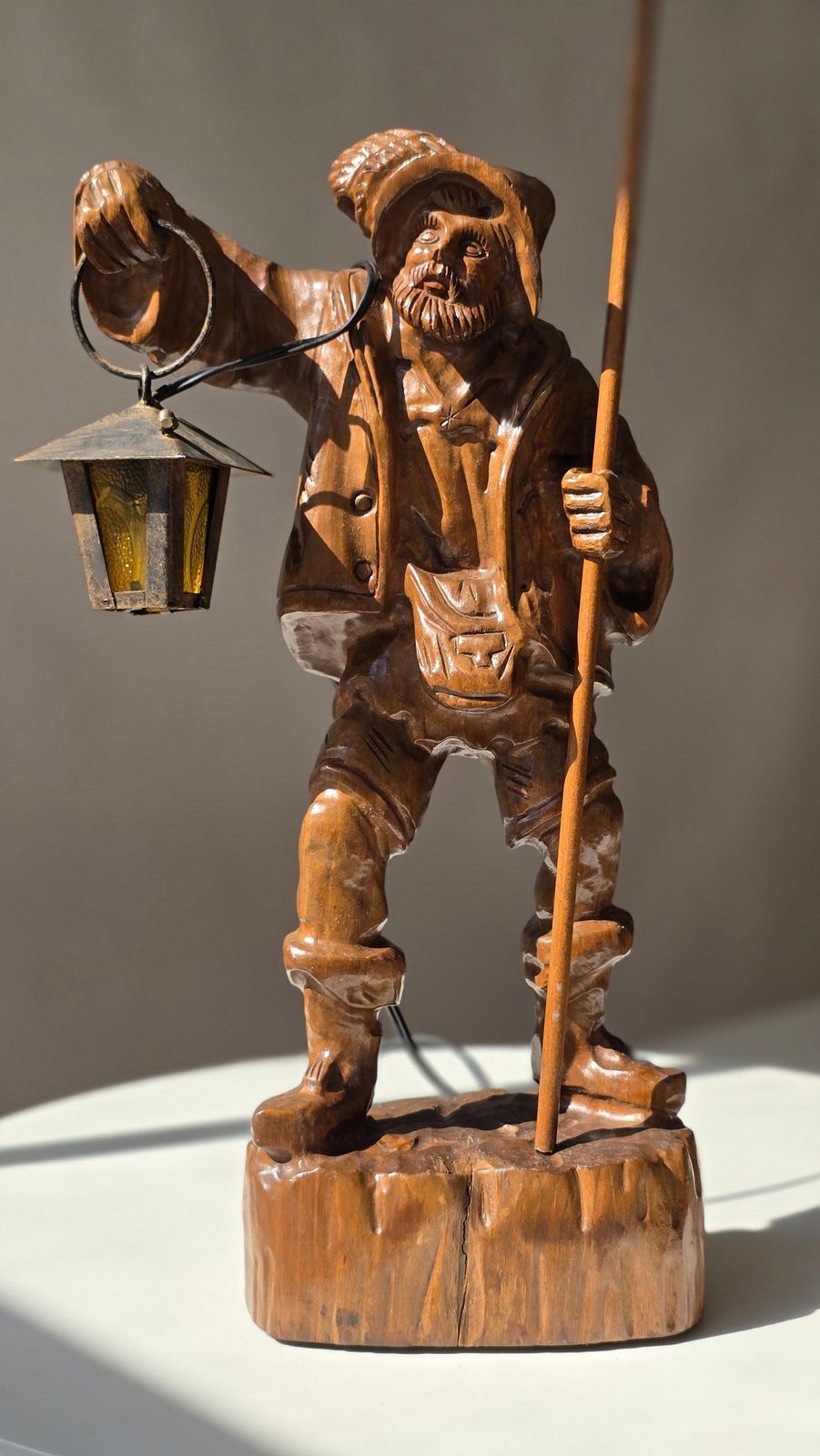 Black Forest Hand Carved Wooden Night Watchman Lamp, Circa 1950s photo 1458.0