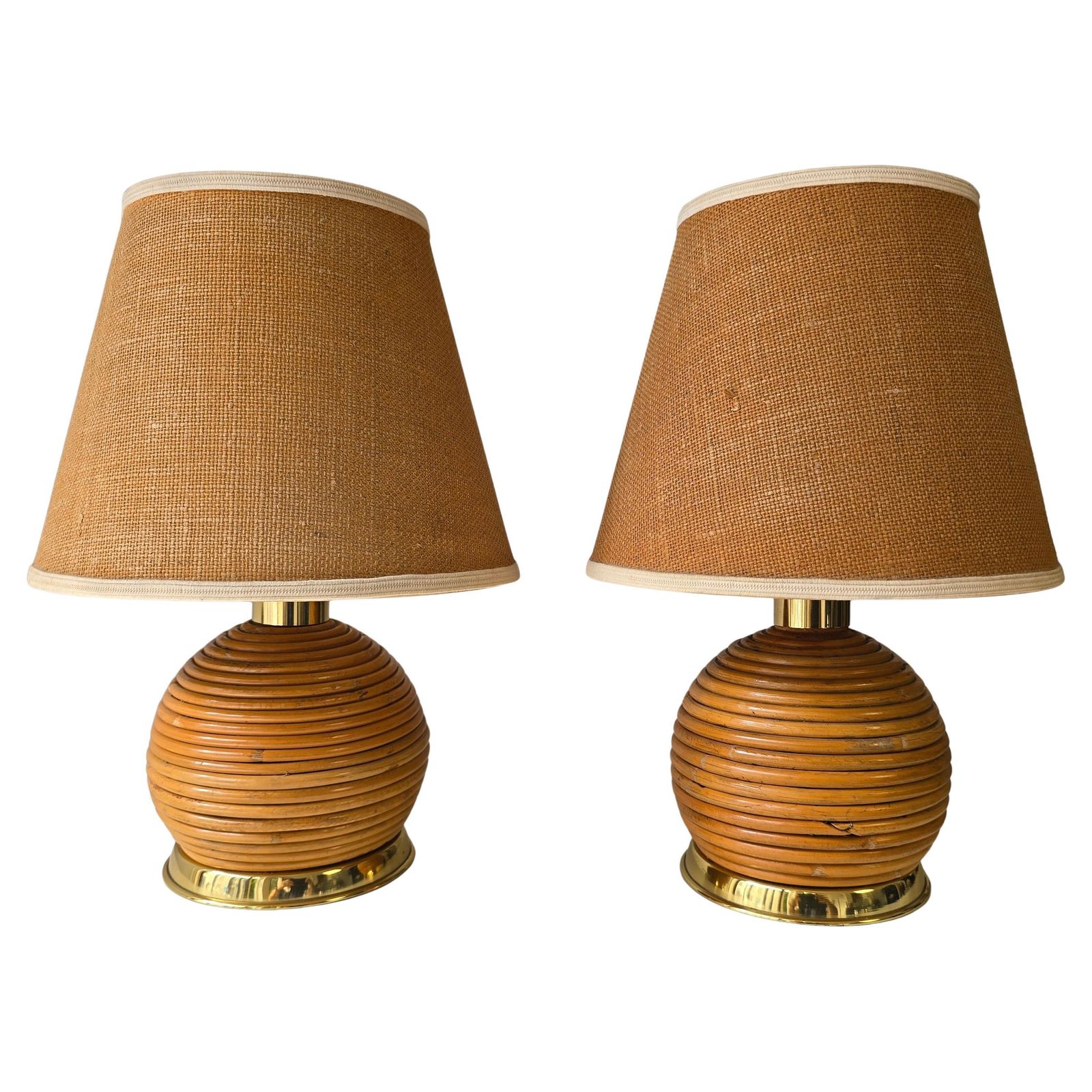 Pair Of 1970s Rattan & Brass Table Lamps – Organic Modern Boho Style
