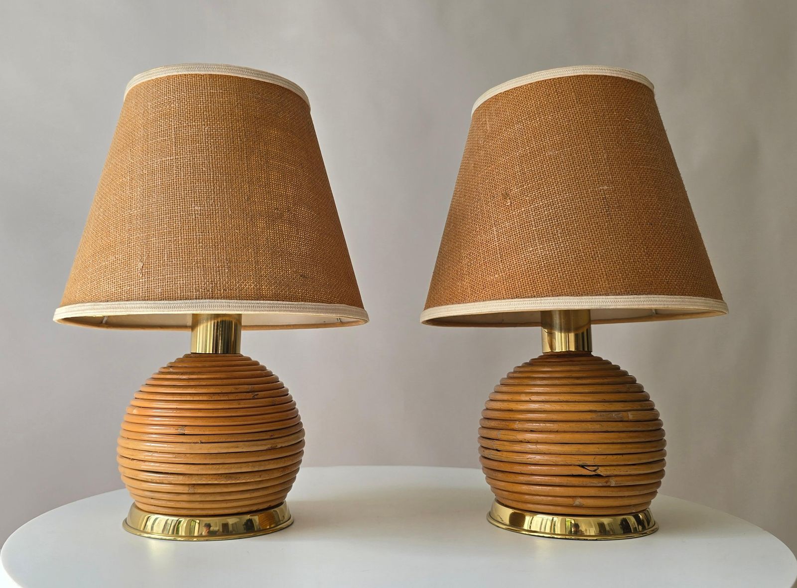 Pair Of 1970s Rattan & Brass Table Lamps – Organic Modern Boho Style photo for sale