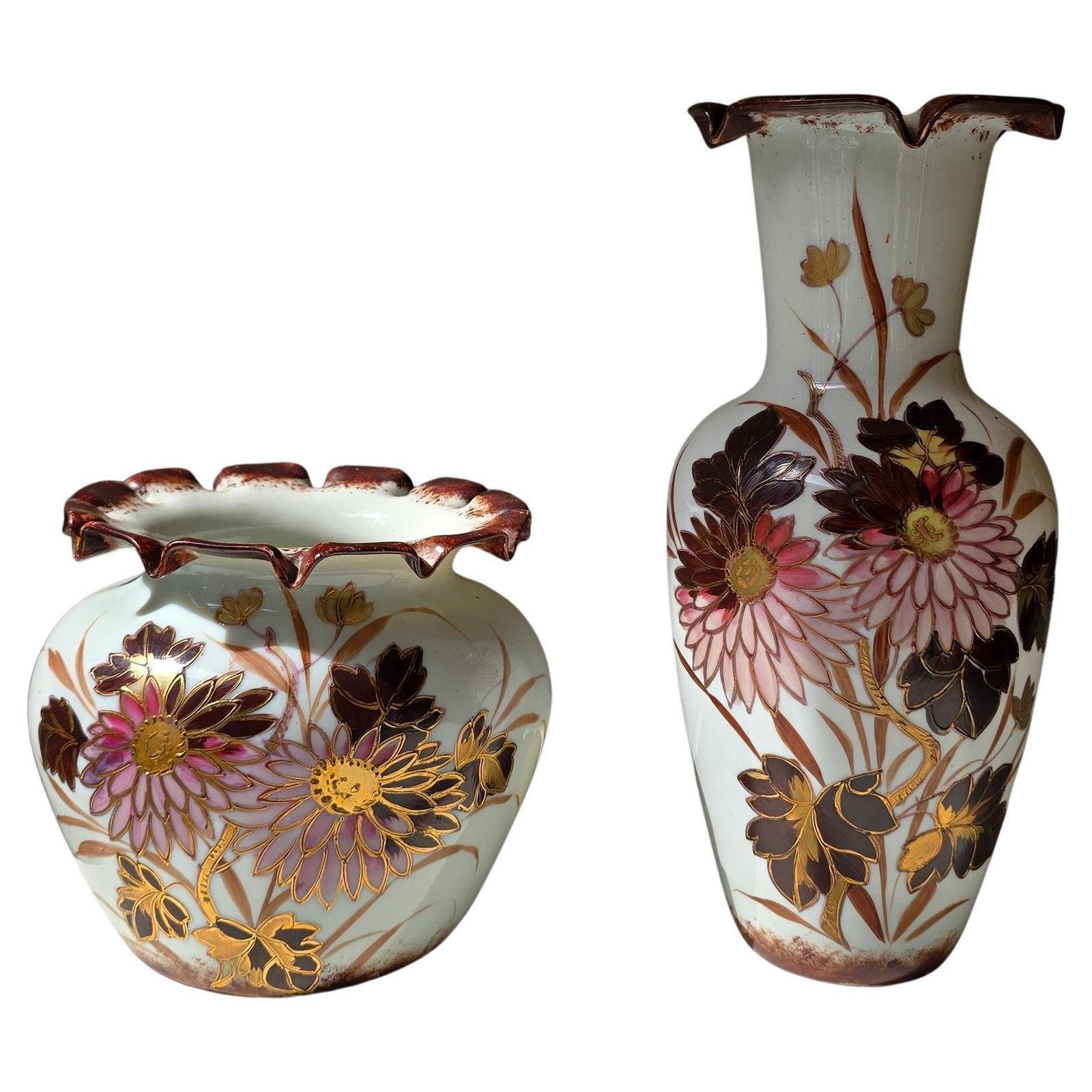 Pair Of French Art Nouveau Opaline Glass Vases With Enamel And Gilt Decoration