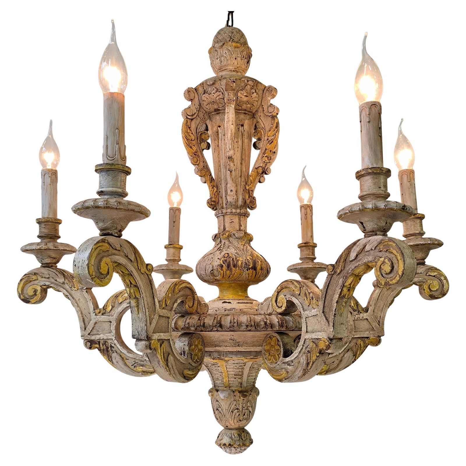 Large Antique Italian Baroque Chandelier In Carved Wood, Rustic Wabi Sabi Patin photo furniture
