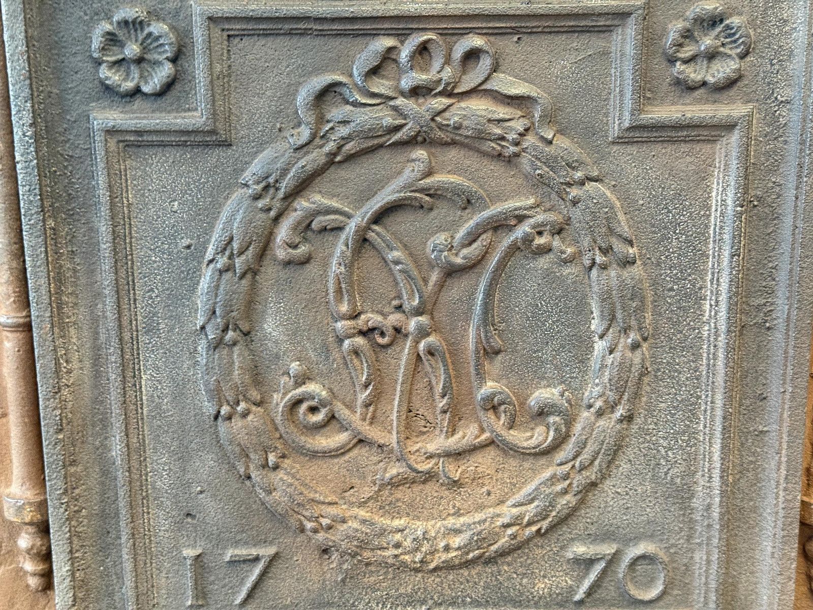 French 'Monogram' Fireback / Backsplash Louis XV Period, Dated 1770 photo vintage