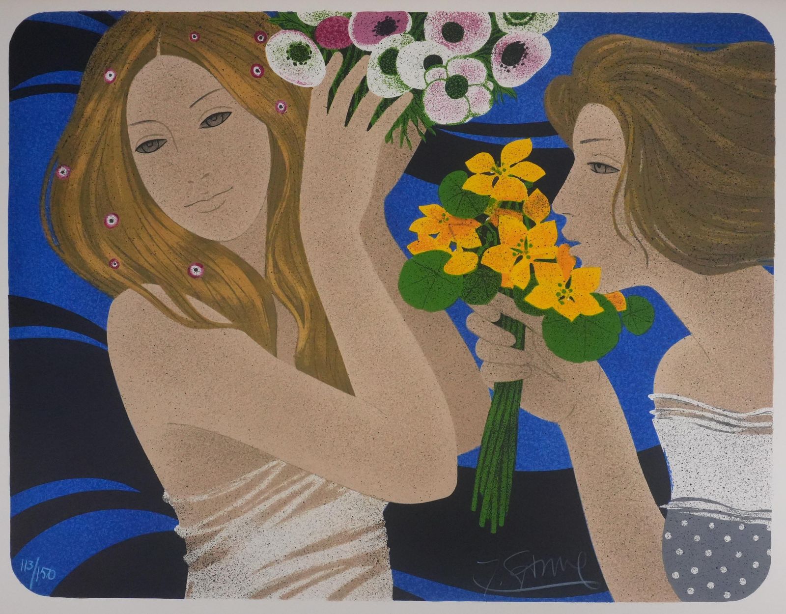 Yves Gannethe Two Women With Bunches Of Flowers   Original Lithograph Signed photo for sale