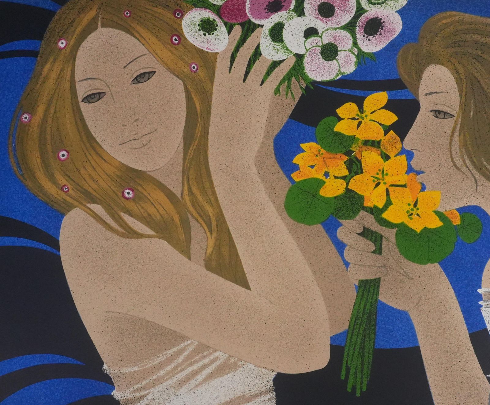 Yves Gannethe Two Women With Bunches Of Flowers   Original Lithograph Signed photo Art