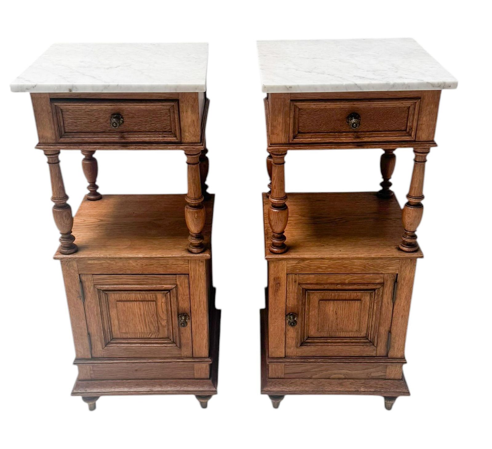 Two Art Nouveau Nightstands Or Bedside Tables With Marble Tops, 1900s photo for sale