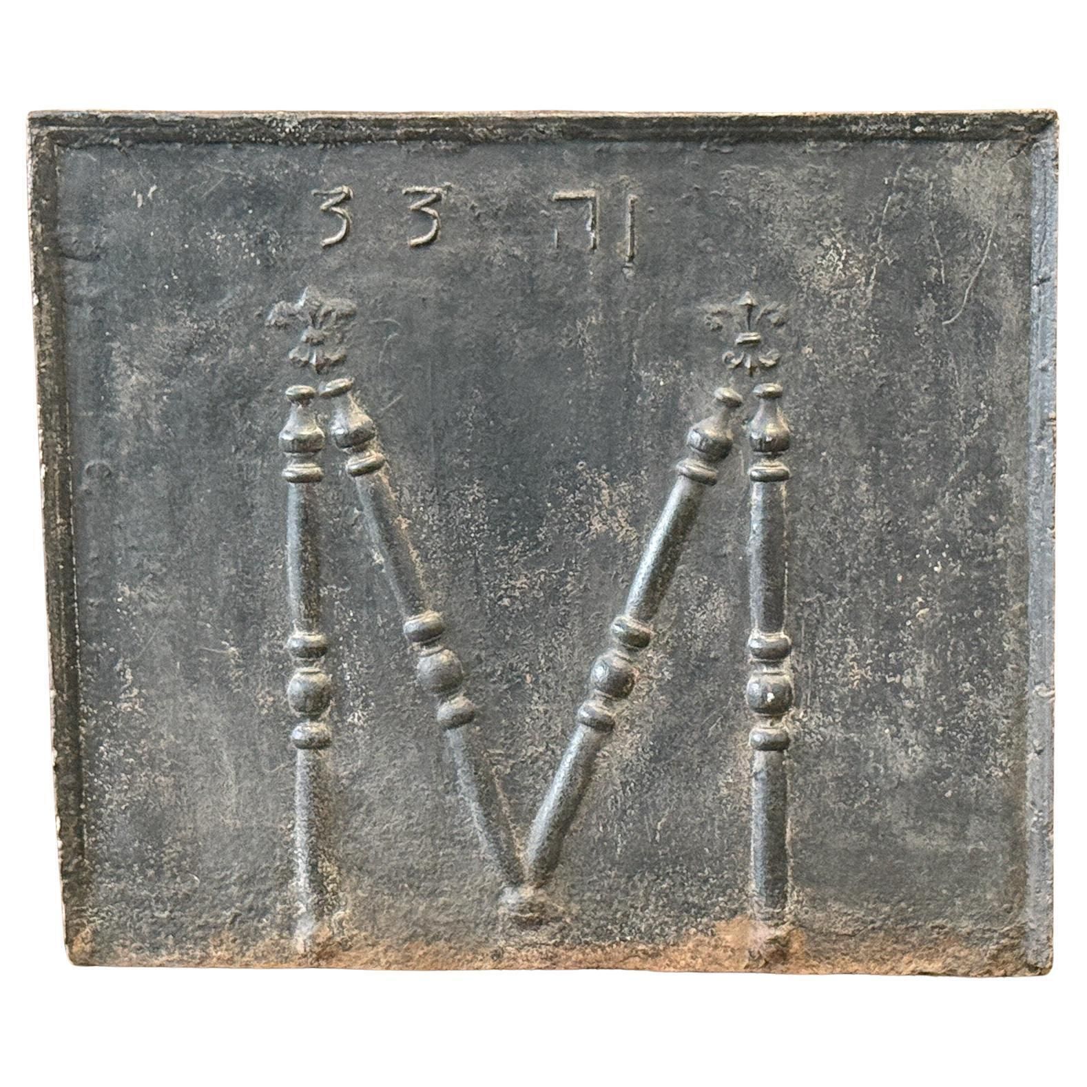 18th C French Fireback / Backsplash With Pillars And Fleurs De Lys, Dated 1733