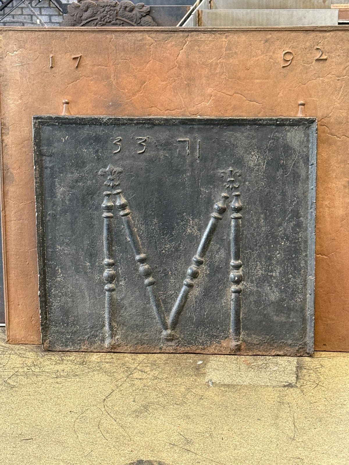 18th C French Fireback / Backsplash With Pillars And Fleurs De Lys, Dated 1733 photo for sale