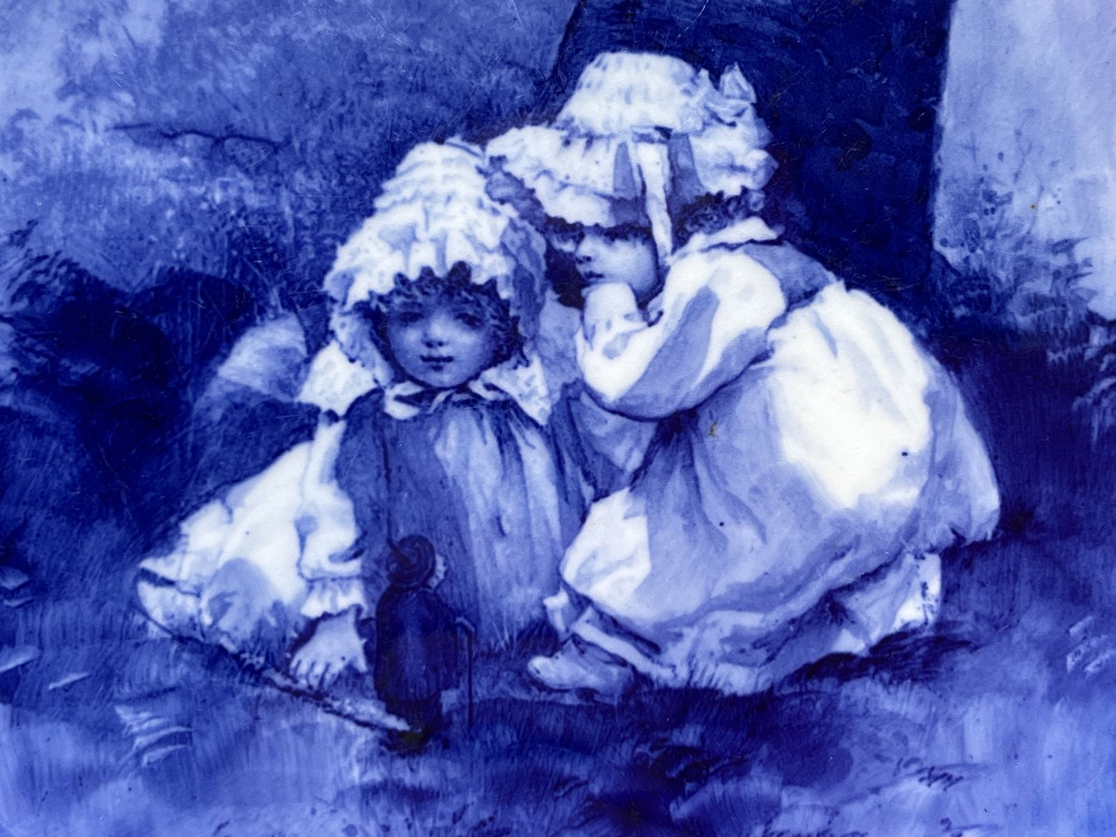 Antique Royal Doulton Pottery Flow Blue Children, 2 Girls Tiny Witch Decorative Plate. photo furniture