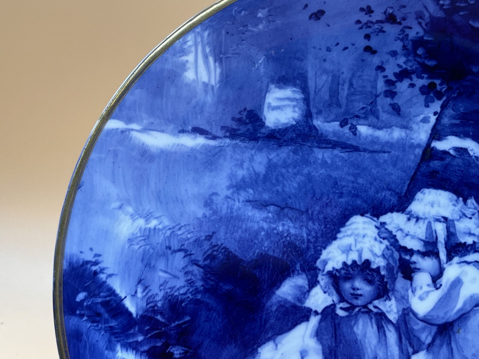 Antique Royal Doulton Pottery Flow Blue Children, 2 Girls Tiny Witch Decorative Plate. photo 175.0