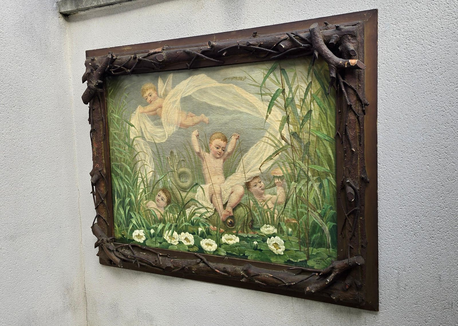Putti Painting By A. Gevels In An Original Sculptural Nature Frame, Belgium photo for sale