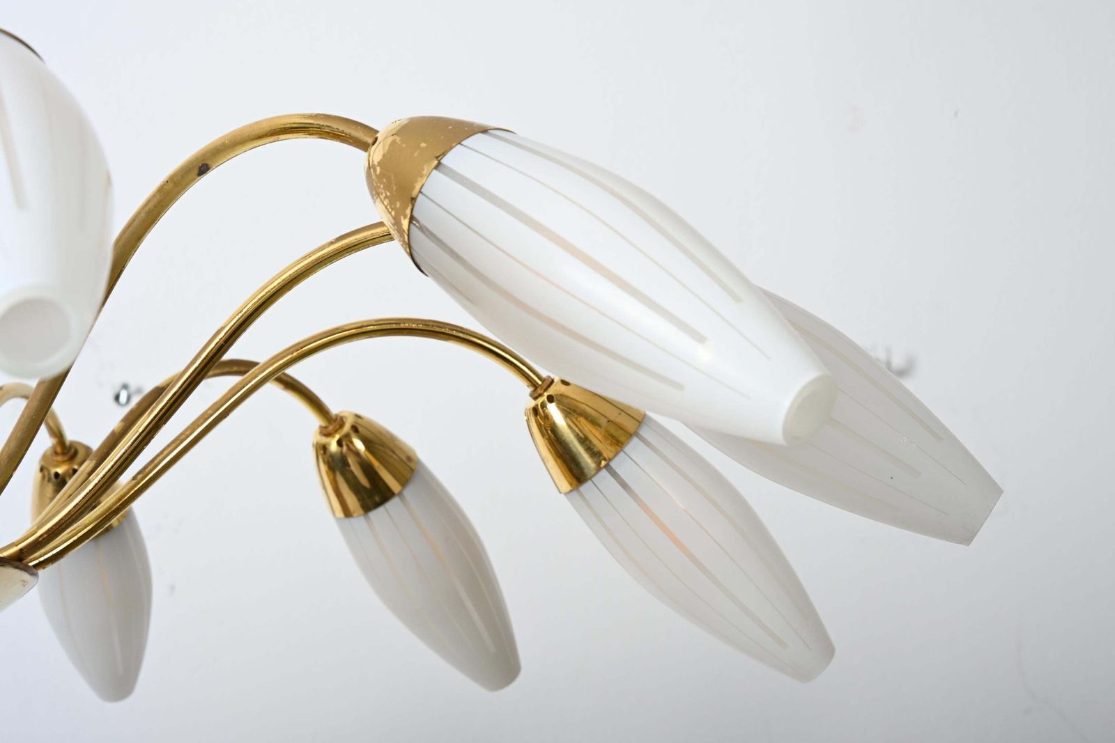 Large Rare Midcentury Brass Opaline Glass Chandelier By Rupert Nikoll photo vinterior