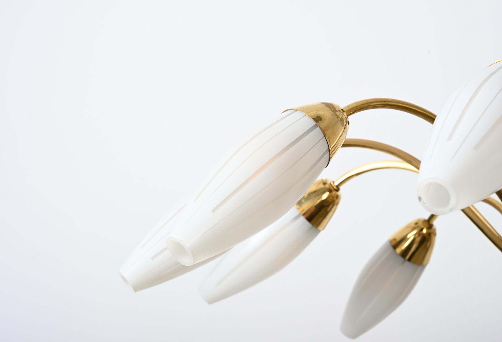 photo furniture Large Rare Midcentury Brass Opaline Glass Chandelier By Rupert Nikoll