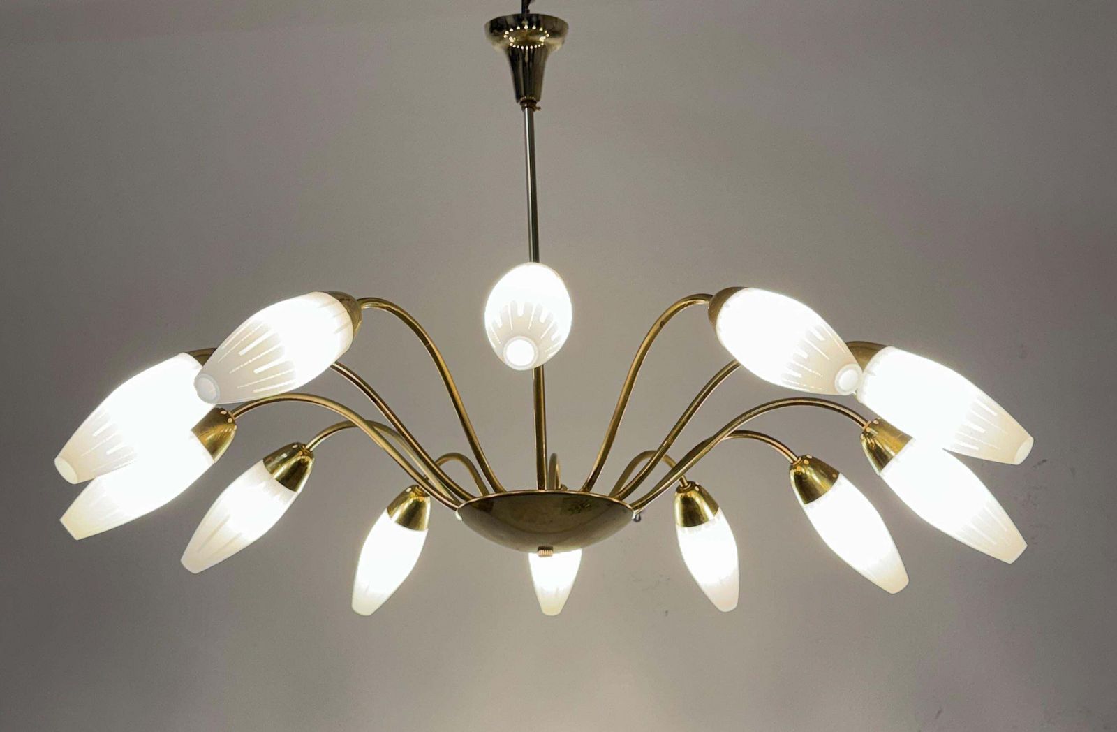 photo buy Large Rare Midcentury Brass Opaline Glass Chandelier By Rupert Nikoll
