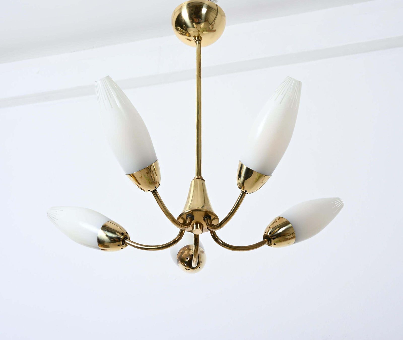 Midcentury Brass Opaline Glass Chandelier By Rupert Nikoll photo 1336.0