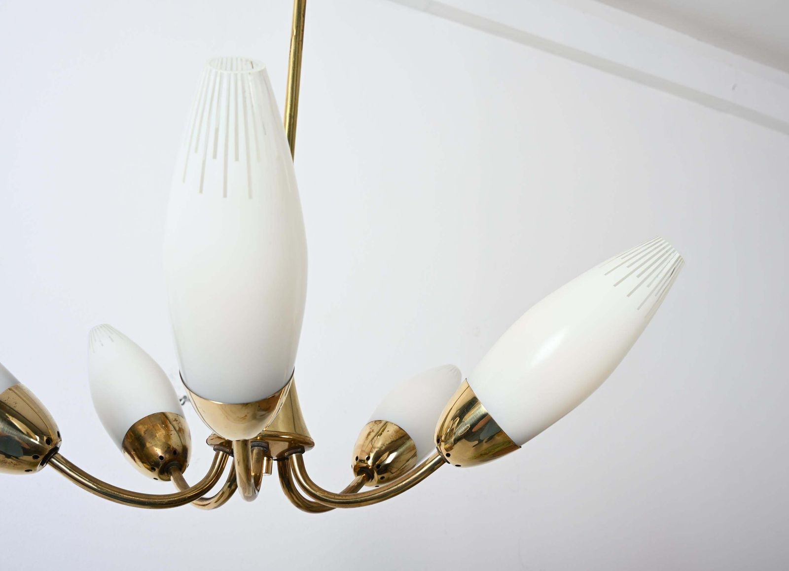 Midcentury Brass Opaline Glass Chandelier By Rupert Nikoll photo buy