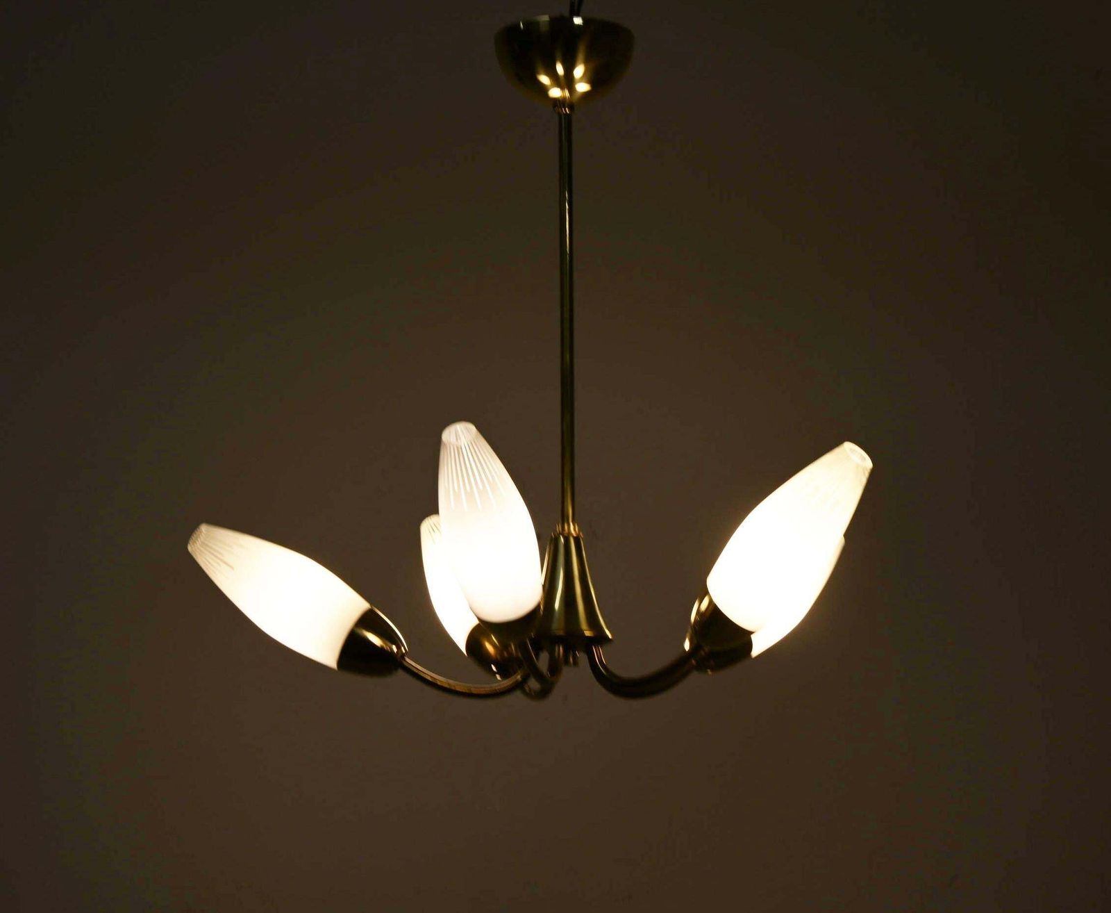 photo vinterior Midcentury Brass Opaline Glass Chandelier By Rupert Nikoll
