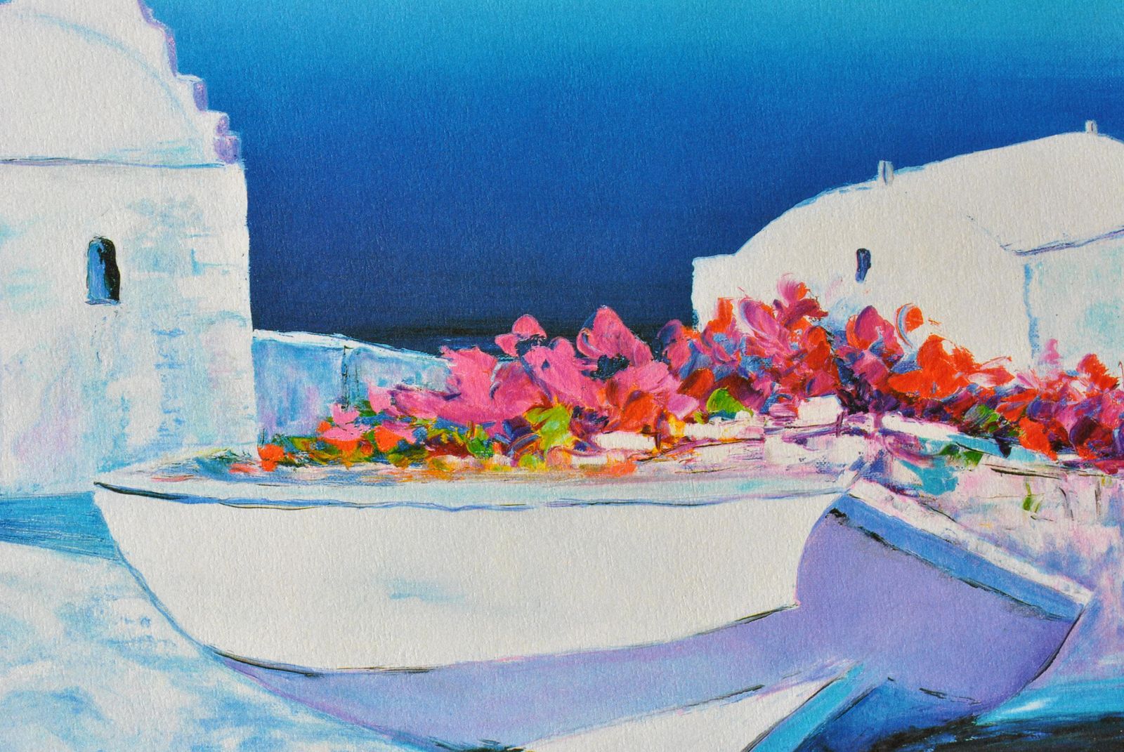 Serge Fenechriviera : Flowery Boat At Santorini   Original Lithograph, Handsigned & Ltd /3901982 photo 133.0