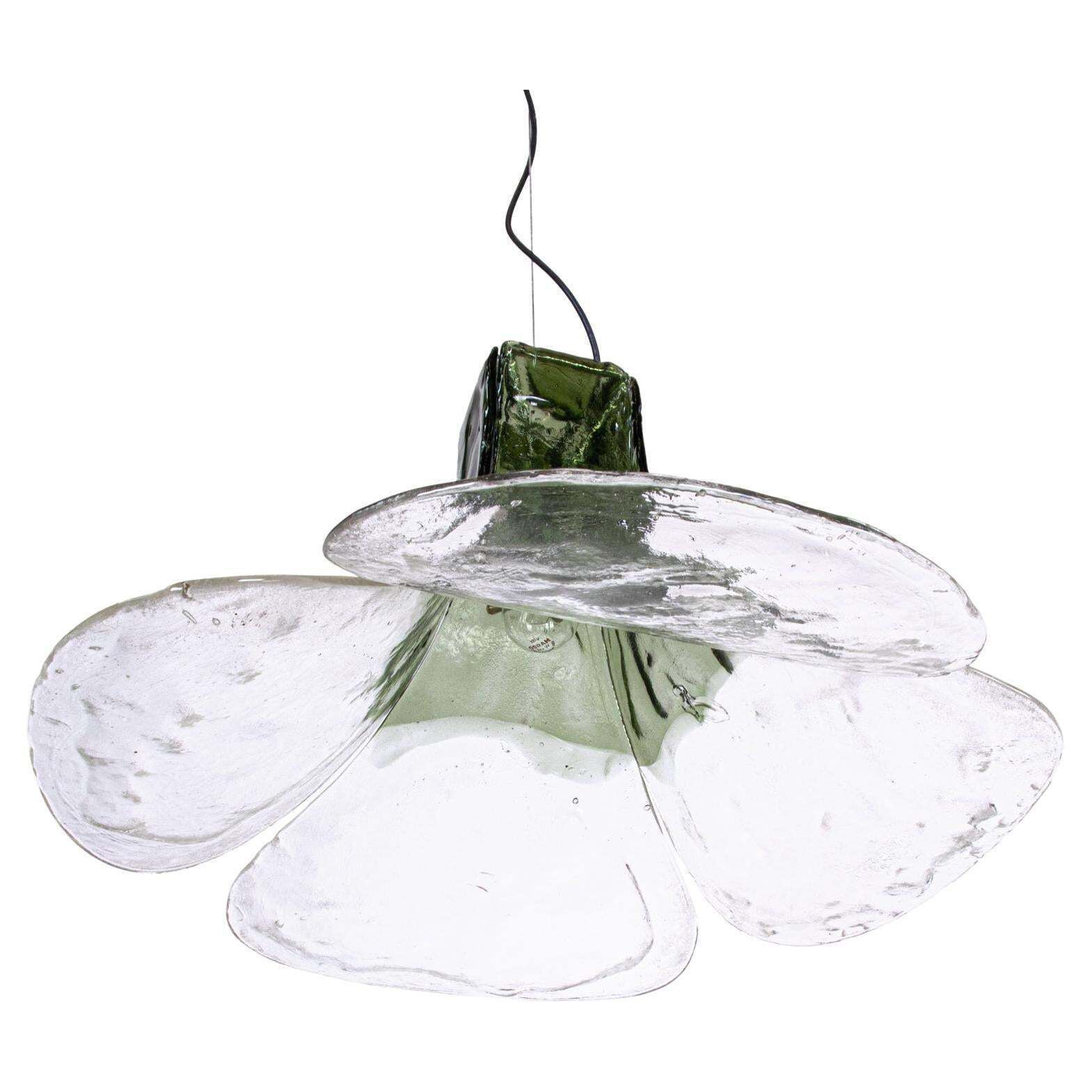 Mazzega Tulip Pendant Lamp Green & Clear Murano Glass By Carlo Nason Italy 1960s