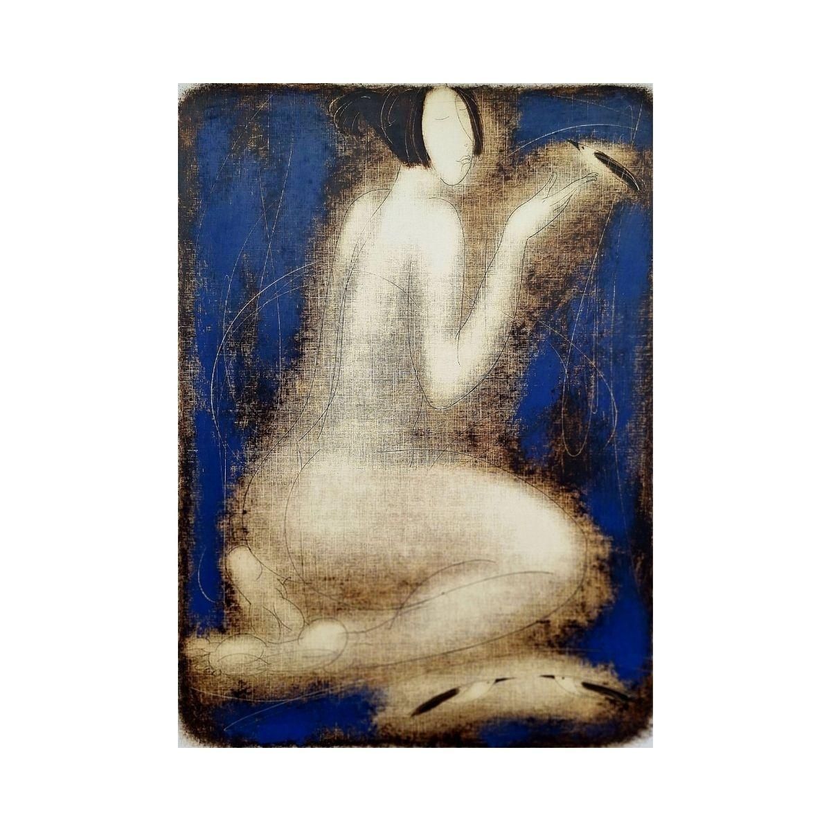 Siergiej Timochownude With Birds. Contemporary Figurative Monotype Print, European Artist2005 photo furniture
