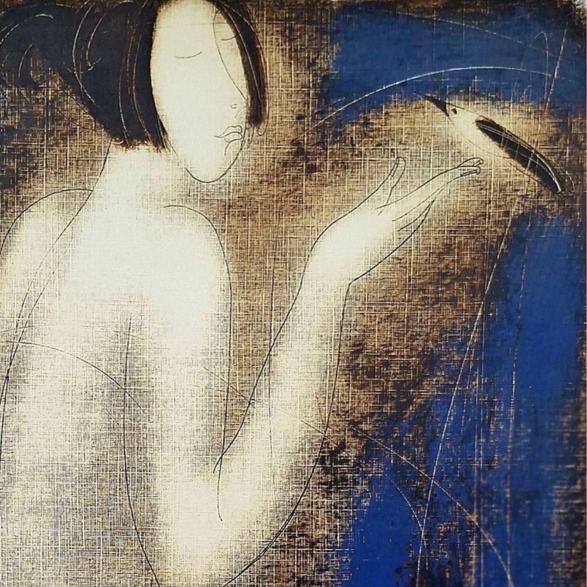 Siergiej Timochownude With Birds. Contemporary Figurative Monotype Print, European Artist2005 photo Art