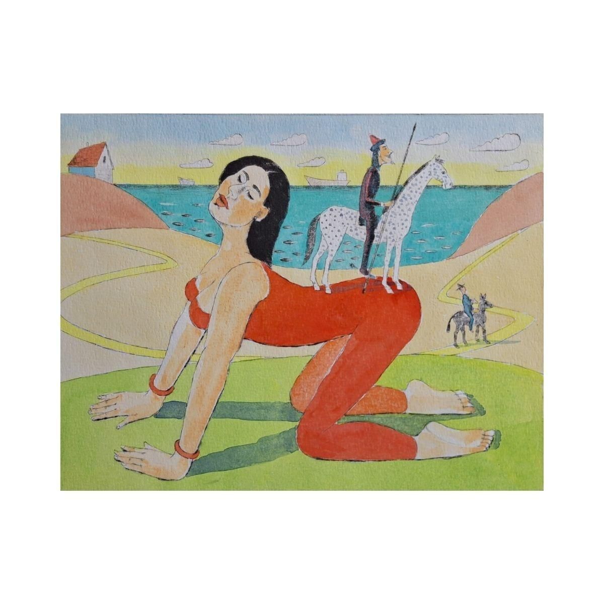 Czeslaw Tumielewiczdulcinea   Figurative Drypoint Print, Colorful, Polish Art2020 photo furniture