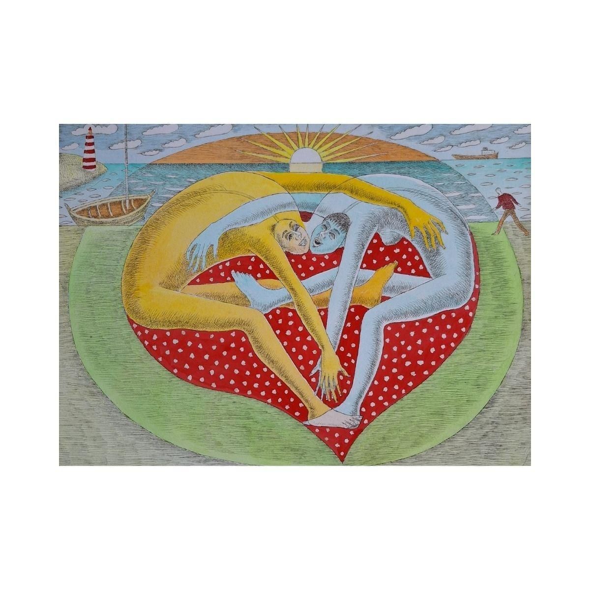 Czeslaw Tumielewiczgreat Cordiality   Figurative Drypoint Print, Colorful, Polish Art2015 photo furniture
