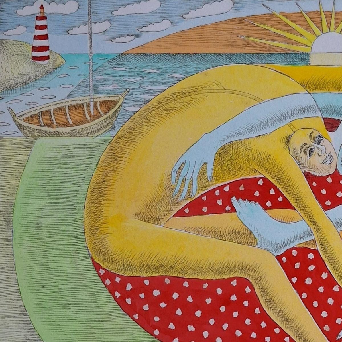 Czeslaw Tumielewiczgreat Cordiality   Figurative Drypoint Print, Colorful, Polish Art2015 photo Art