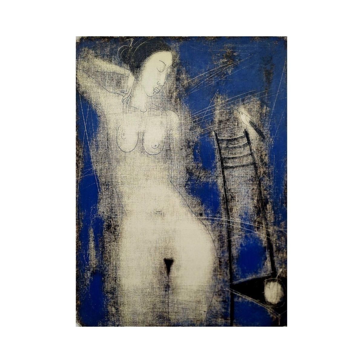 Siergiej Timochownude With A Bird. Contemporary Figurative Monotype Print, European Artist2004 photo furniture