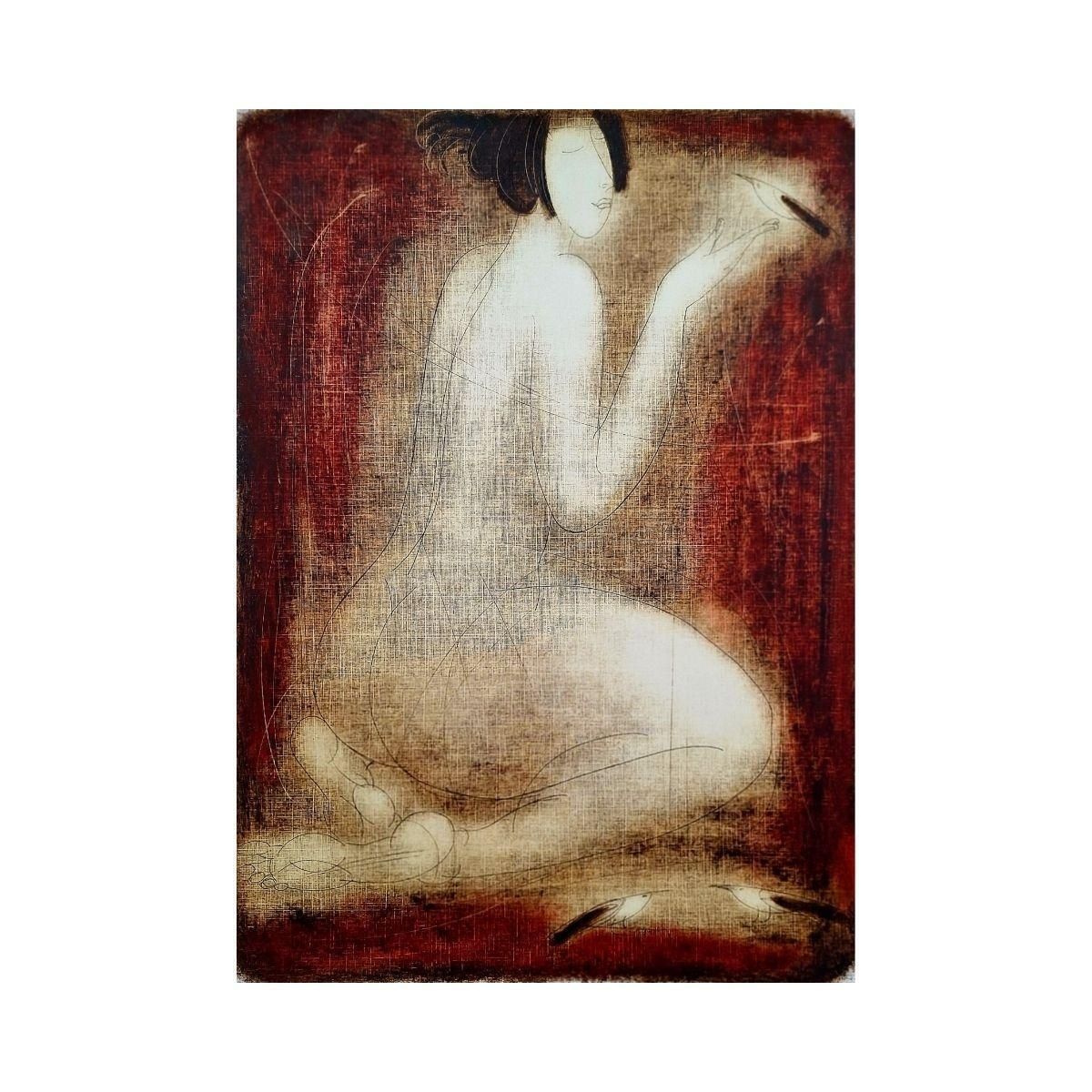 Siergiej Timochownude With A Bird. Contemporary Figurative Monotype Print, European Artist2005 photo furniture