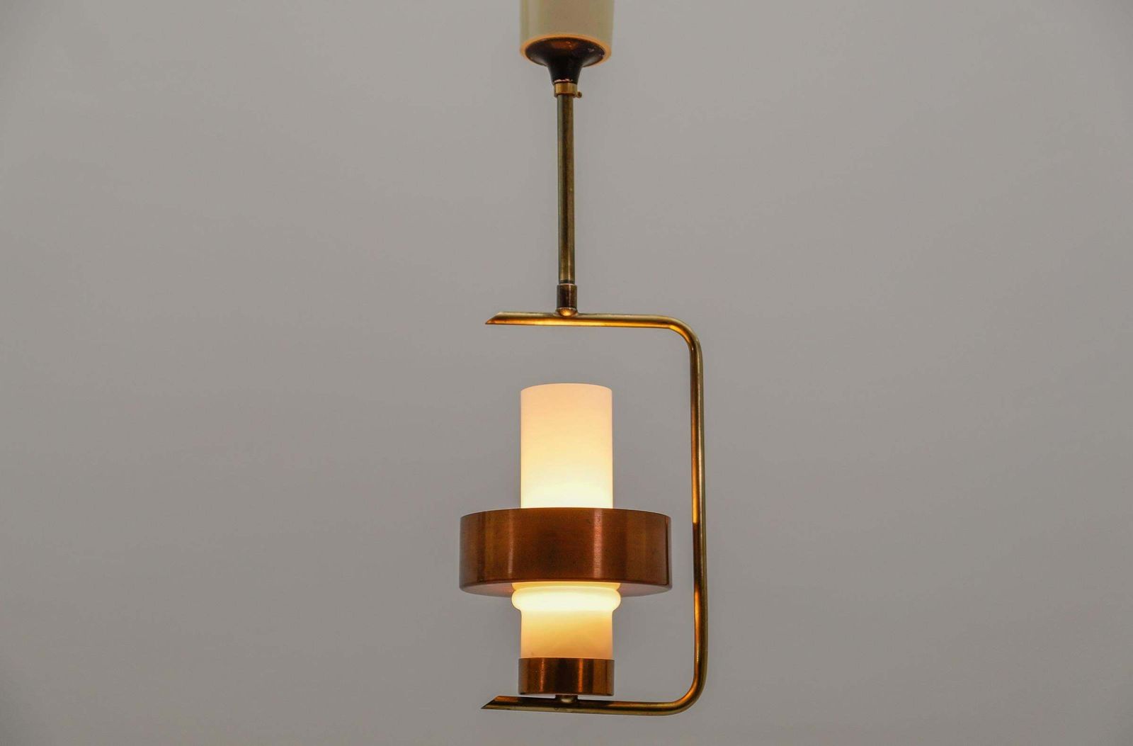 Scandinavian Mid Century Modern Ceiling Lamp In Copper, Braas & Opaline Glass photo for sale