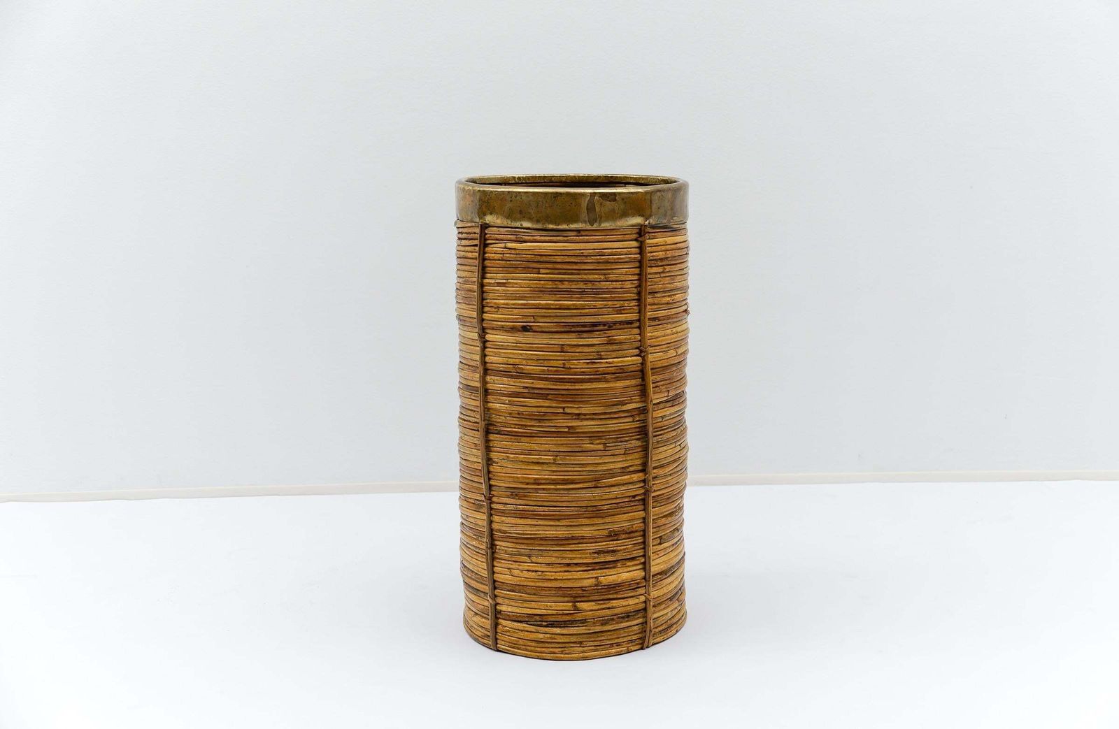 Lovely 1970s Italian Rattan And Brass Umbrella Stand photo vintage