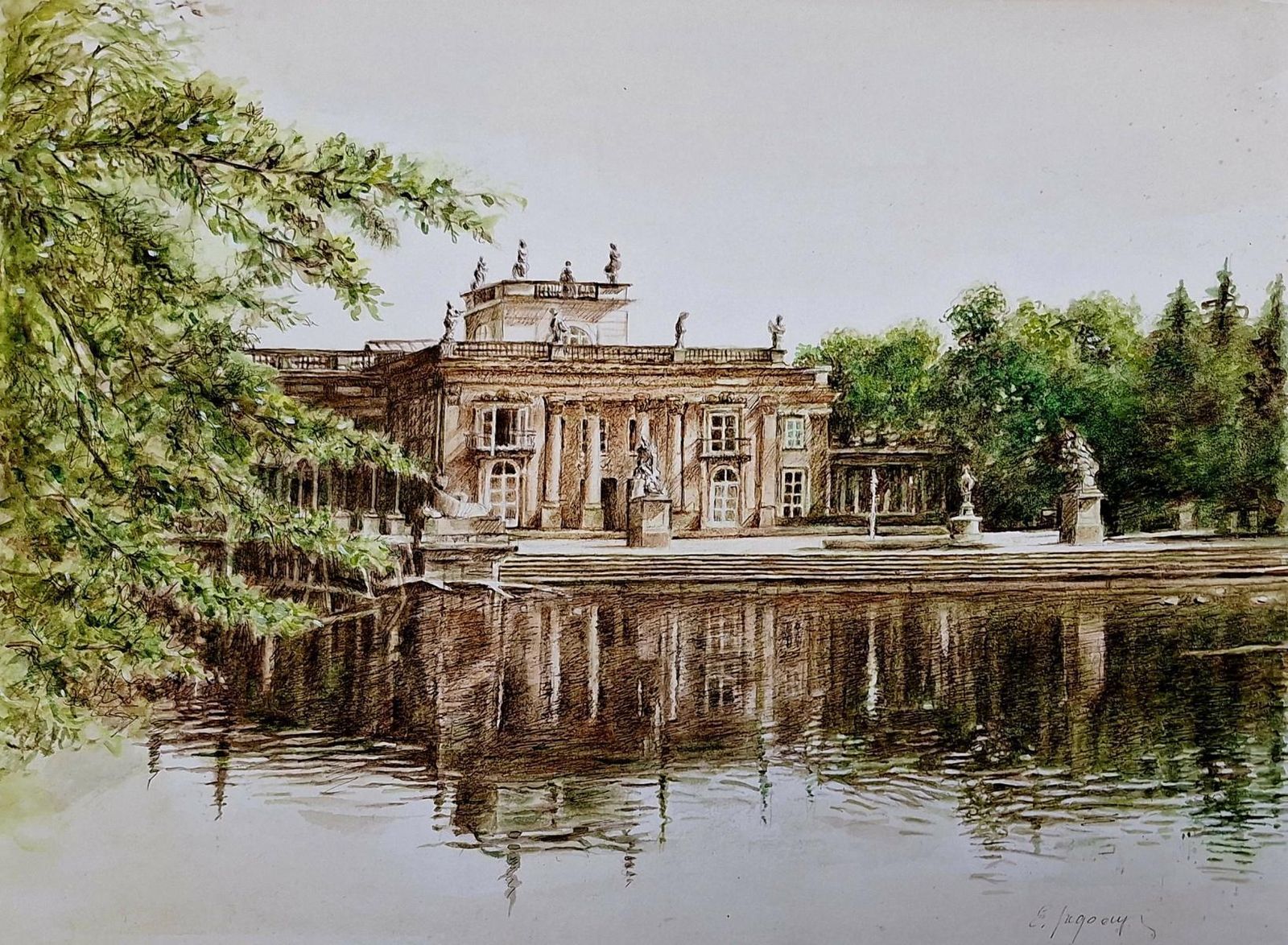 Elżbieta Siegoczyńskaroyal Baths Park Palace On The Isle. Architecture Drawing, Realistic, Polish Art2025