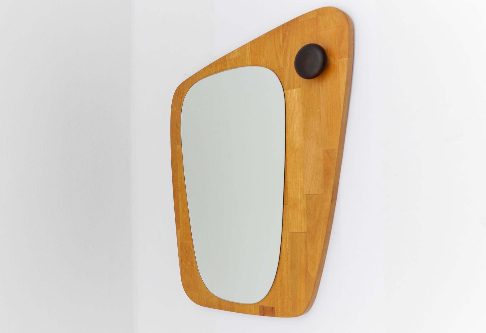 Lovely Wooden Asymetric Wall Mirror, Sweden 1960s photo for sale