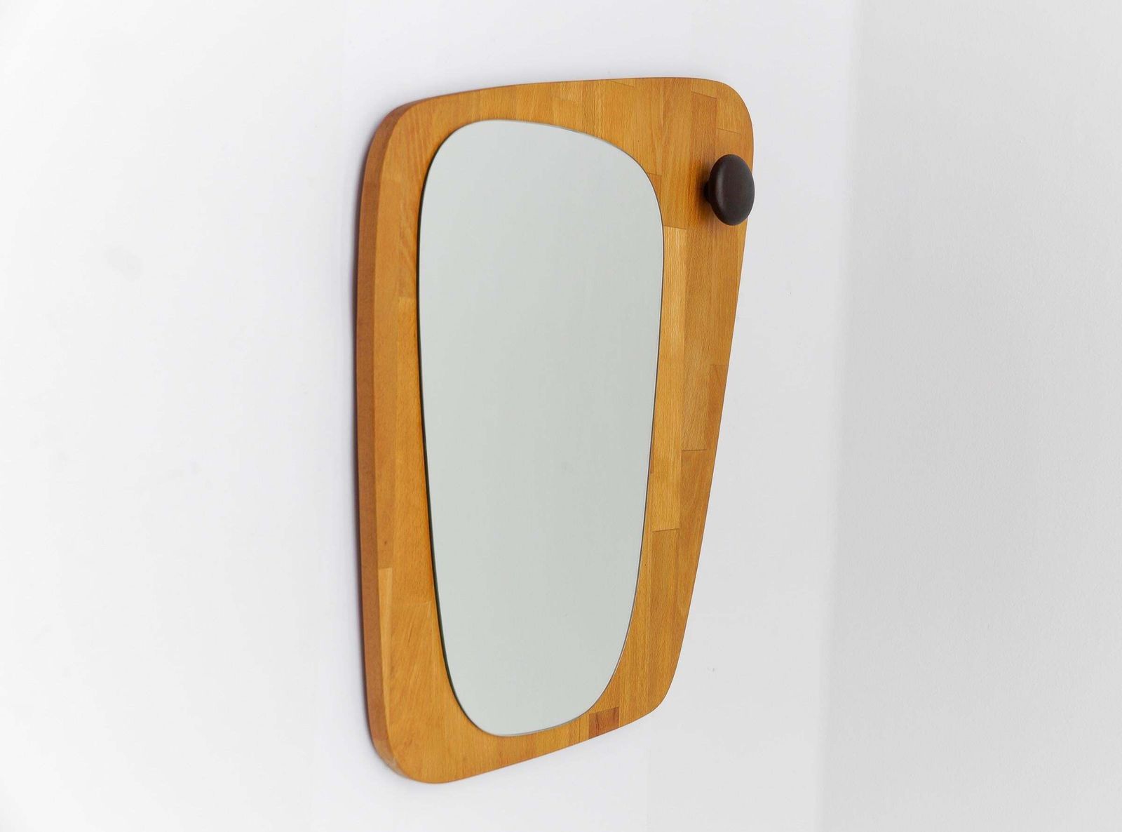 Lovely Wooden Asymetric Wall Mirror, Sweden 1960s photo vinterior