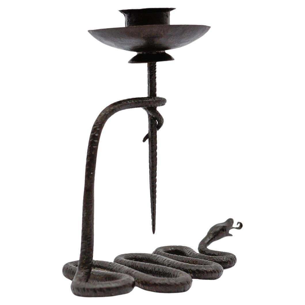 Hand Forged Iron Sanke Design Sculpture Candle Holder, 1960s