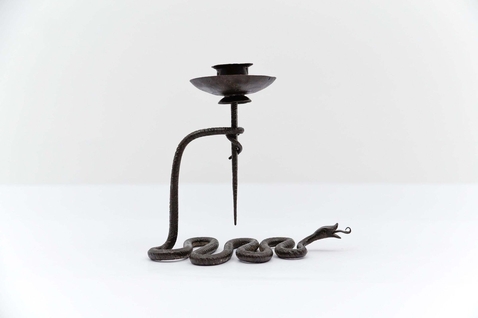 Hand Forged Iron Sanke Design Sculpture Candle Holder, 1960s photo for sale