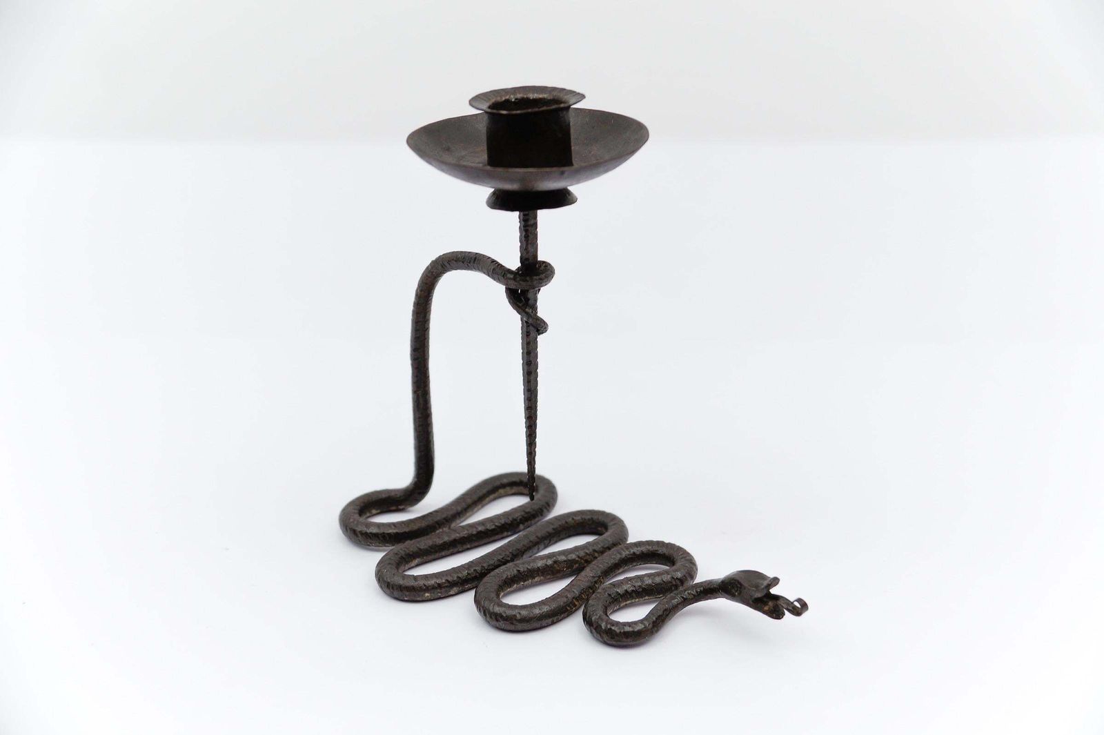 Hand Forged Iron Sanke Design Sculpture Candle Holder, 1960s photo vinterior