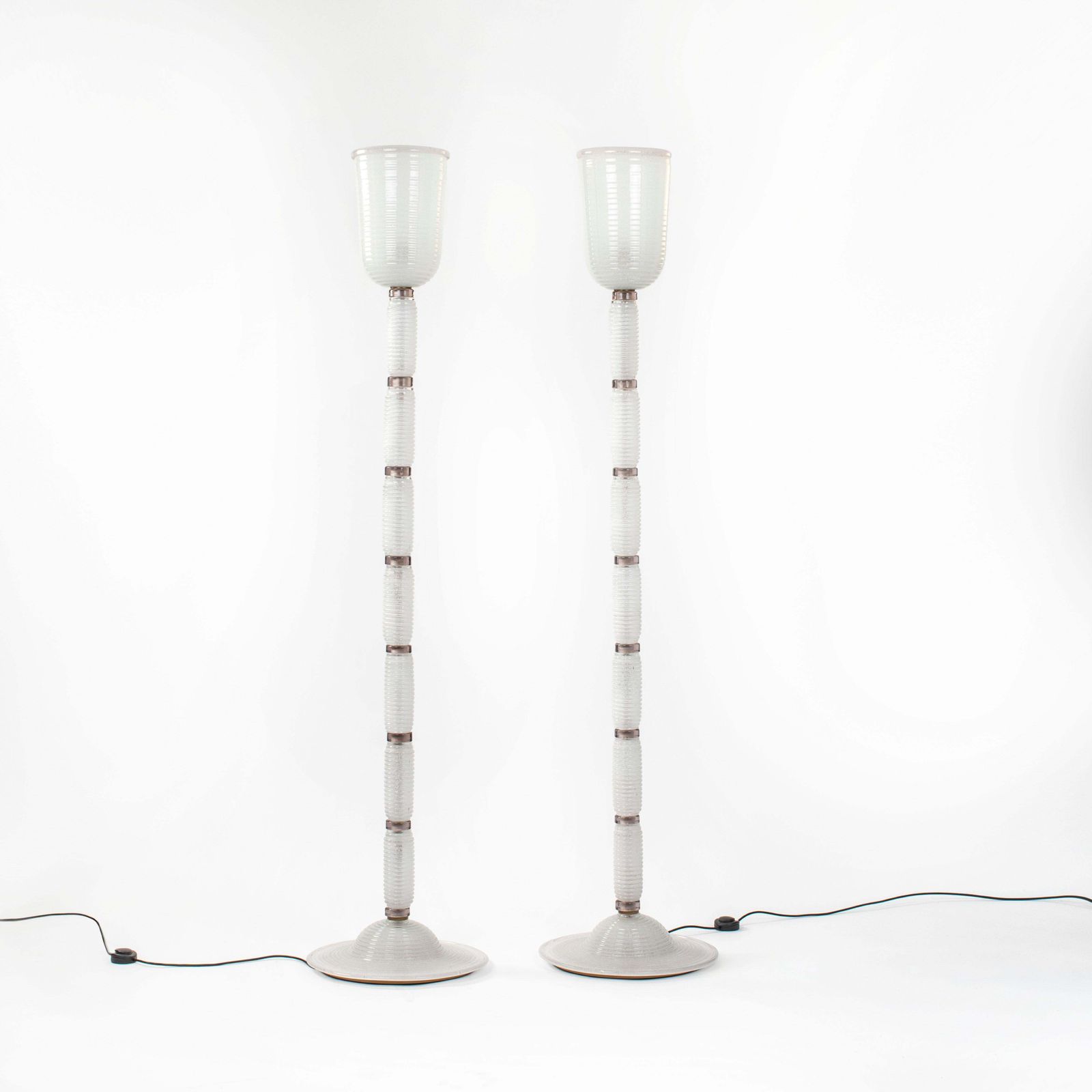 Pair Of Mid Century Modern White Amethyst Colored Murano Glass Floor Lamps 1980s photo for sale
