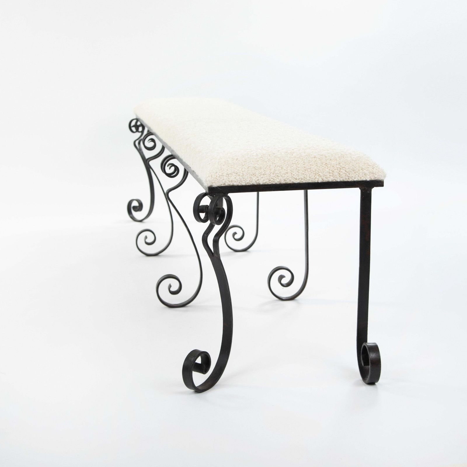 Forged Iron Rousing Art Déco Bench With Offwhite Bouclé Fabric Portugal 1920s photo for sale
