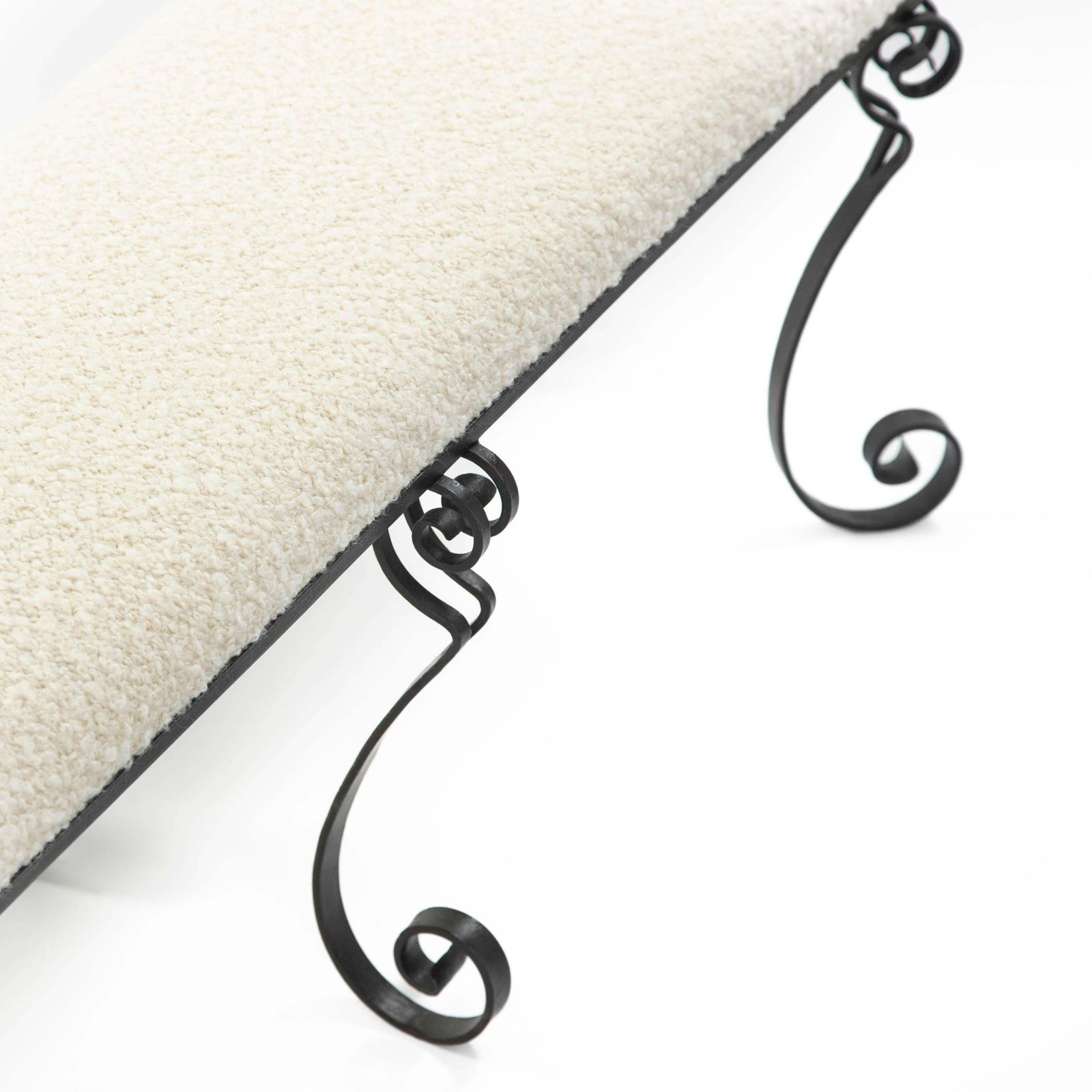 Forged Iron Rousing Art Déco Bench With Offwhite Bouclé Fabric Portugal 1920s photo vintage