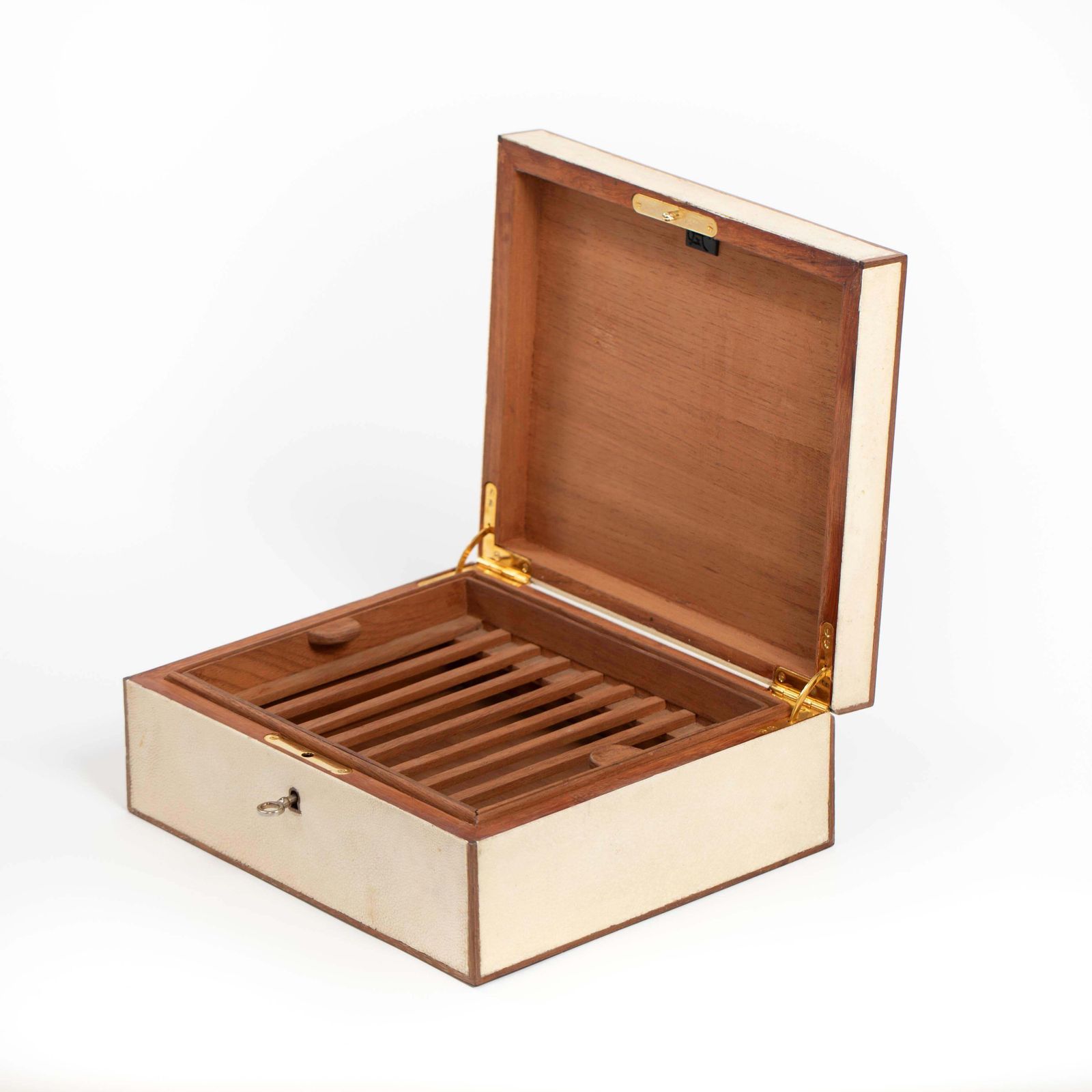 photo furniture French Art Déco Rectangular Galuchat Leather Box For Cigars Etc. From The 1940s