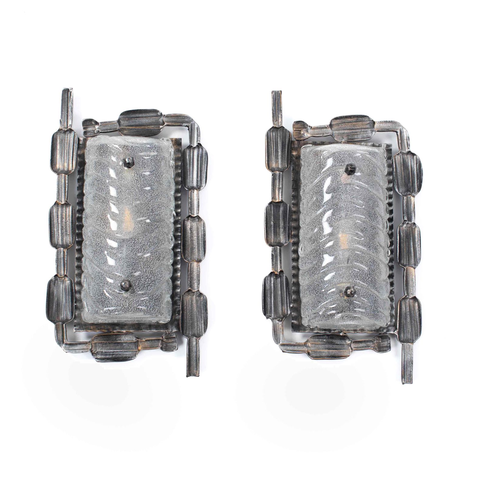 Pair Of Belgium Mid Century Brutalist Iron   Murano Glass Wall Lights, 1960s photo for sale