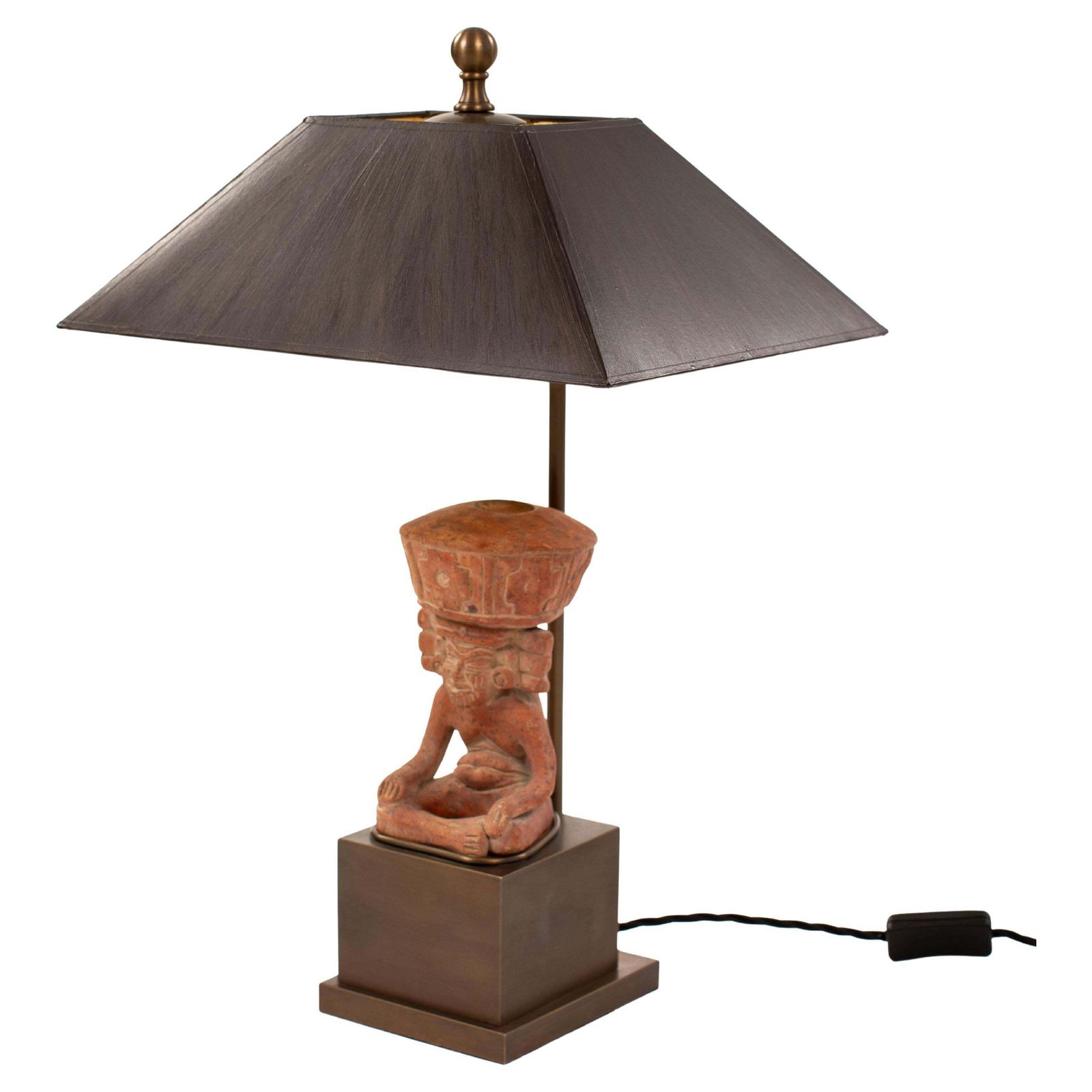 Figural Terracotta Table Lamp Of A Sitting Priest With Brown Shade, Mexico 1930s