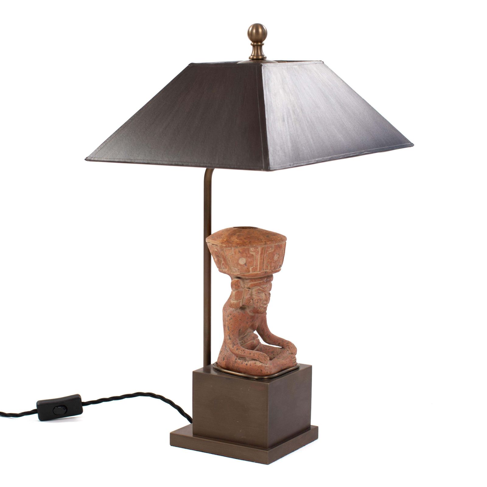 Lighting Figural Terracotta Table Lamp Of A Sitting Priest With Brown Shade, Mexico 1930s photo